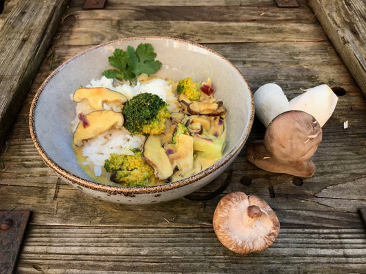 Gelbes Thaicurry mit Kräuterseitlingen & Brokkoli